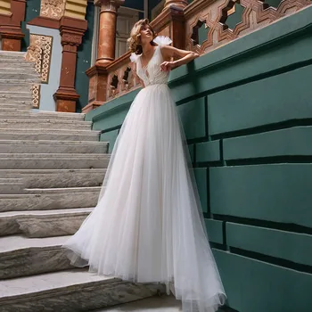 A Line Wedding Dress For Women Floor Length Gorgeous Custom Made  V Neck Strap Lace Bride Dress 2022 Buttons Princess Long Boho