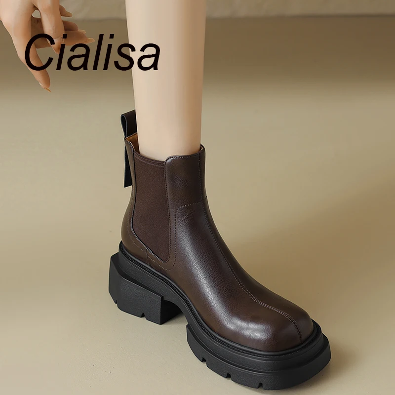 

Женские Эластичные короткие ботинки Cialisa, Модные ботильоны из натуральной кожи с круглым носком, на высоком каблуке, Осень-зима 2023