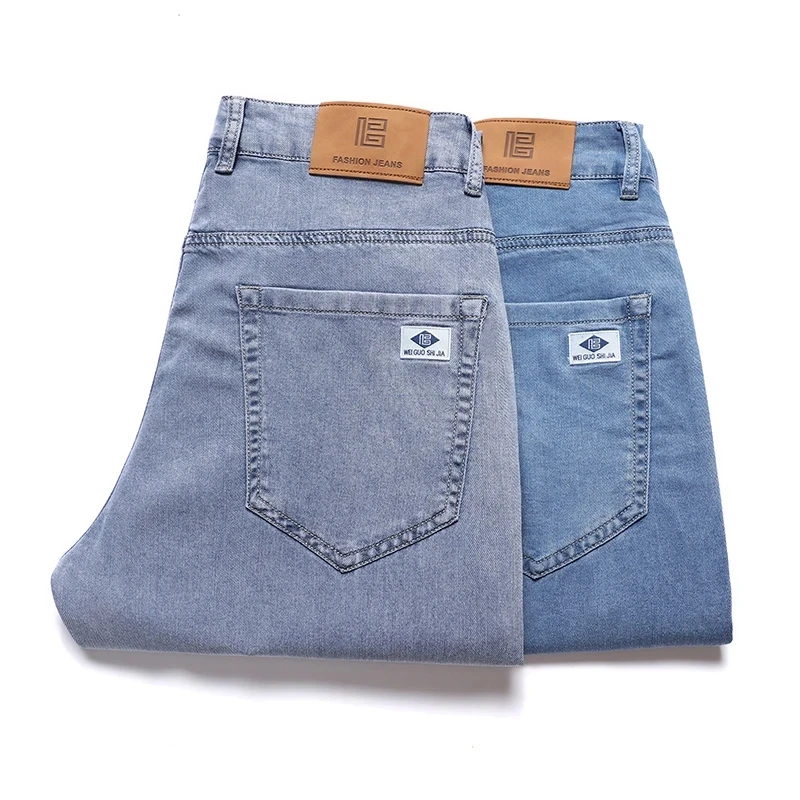 

Классические Стильные летние тонкие мужские джинсы Lyocell, деловые повседневные Высококачественные Стрейчевые джинсовые брюки, мужские брендовые синие брюки