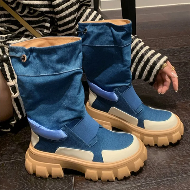 

Женские ботинки челси до середины икры, ковбойские ботинки на среднем каблуке, зимняя массивная обувь в готическом стиле, модные брендовые женские мотоциклетные ботинки-гладиаторы, 2023