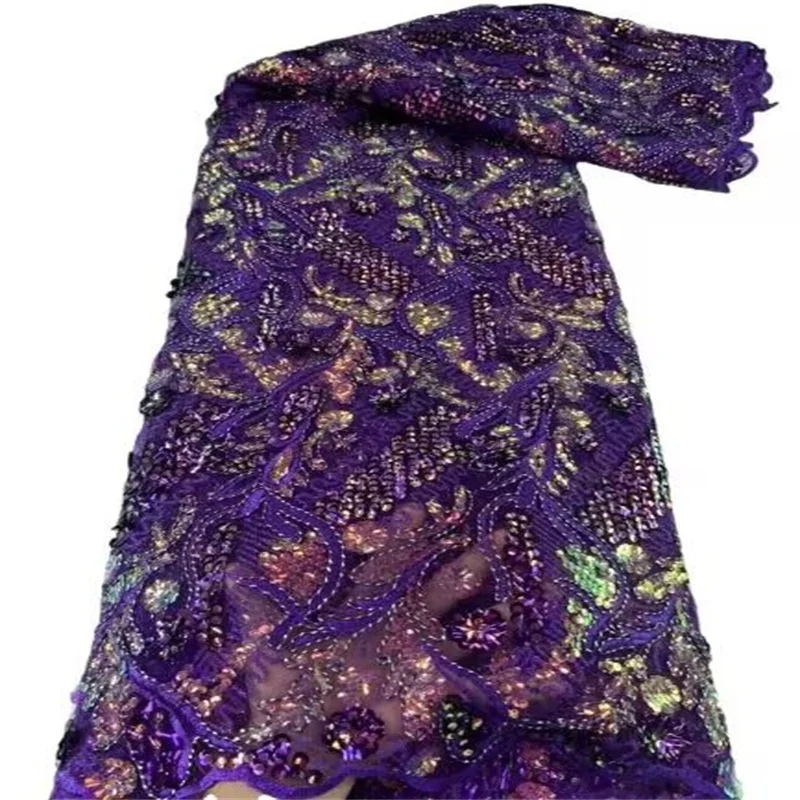 

African Lace Fabric 2023 purple/Gold High Quality French Mesh Lace Fabric With Sequins Nigerian Lace Fabrics For Wedding Dress