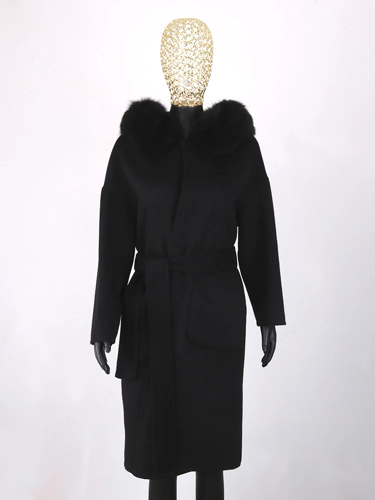 Winter Women Casual Long Jacket Real Fur Coat Genuine Fox Fur Collar Cashmere Wool Blends Streetwear Loose Fashion Outerwear