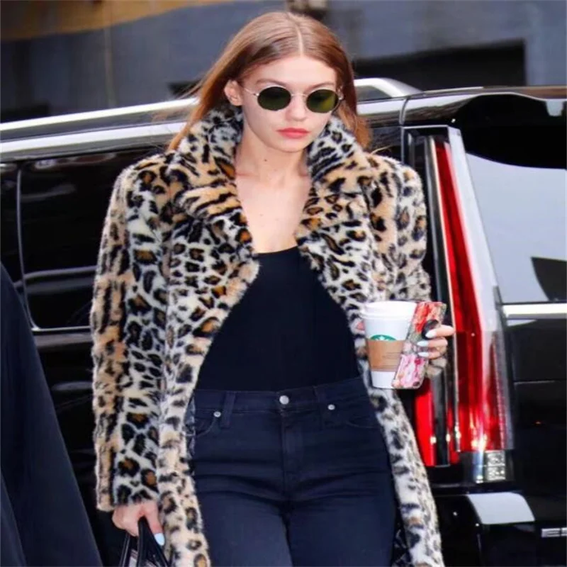 Faux fur coats womens leopard print long clothes star same European and American thickened warm abrigos chaquetas para mujer