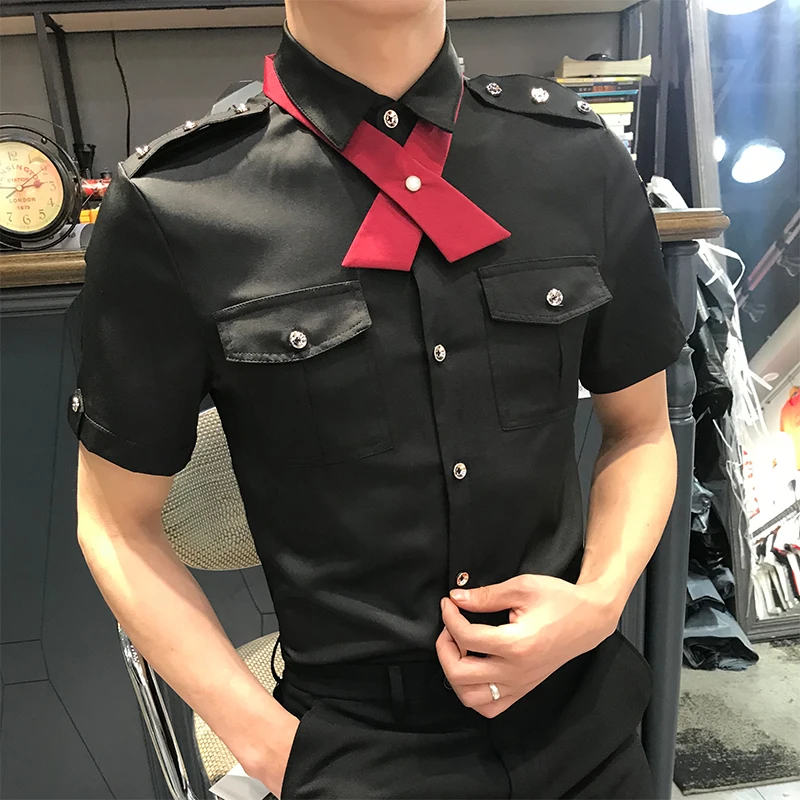 Tie Work Uniform Shirts for Men Summer Short Sleeve Casual Slim Shirt Social Party Tuxedo Blouse Couple Nightclub TopsStreetwear