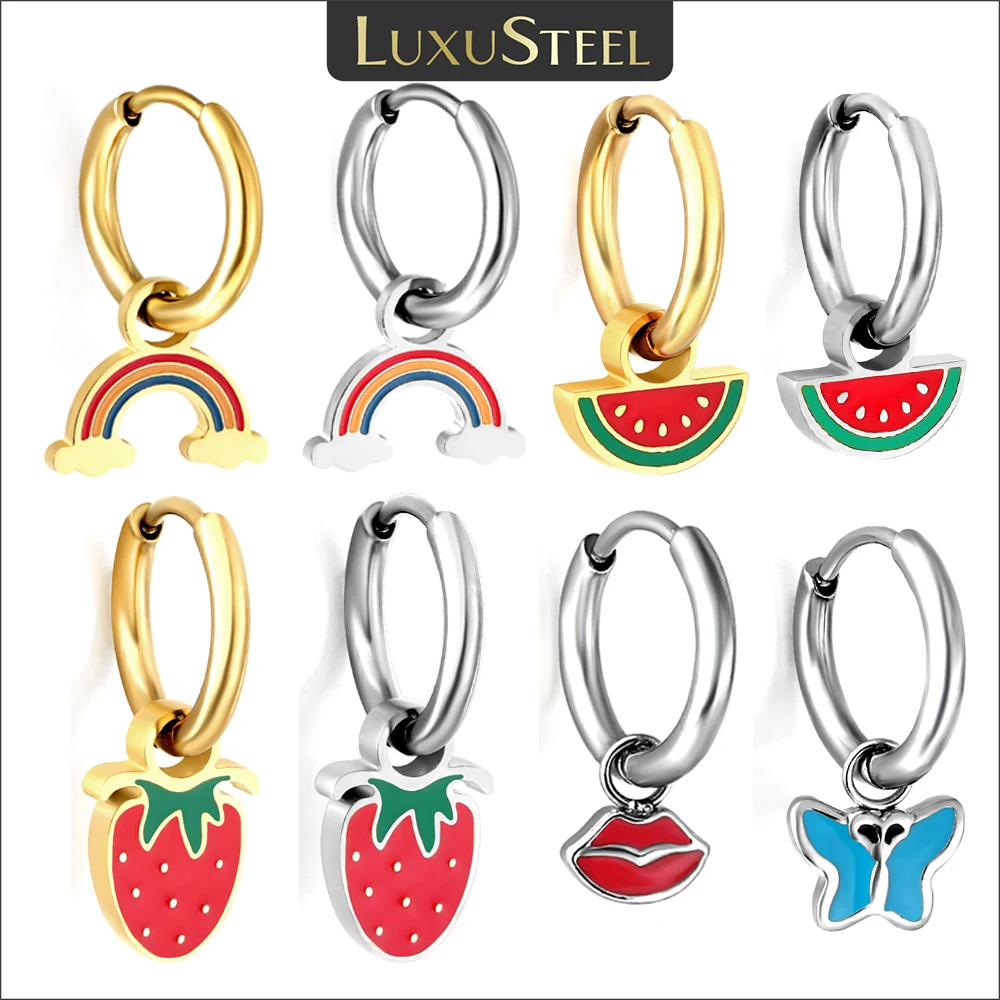 Разноцветные серьги-кольца LUXUSTEEL с подвеской для женщин девочек детей из нержавеющей стали Huggies с облаком Радуга клубника бабочка