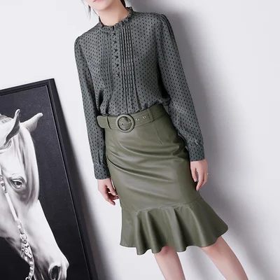 

Genuine Leather Skirt 2023 Autumn/Winter Elegant Fishtail Lambskin Wrap Saias Ladies Midi Long Ring Belt Office Working Faldas