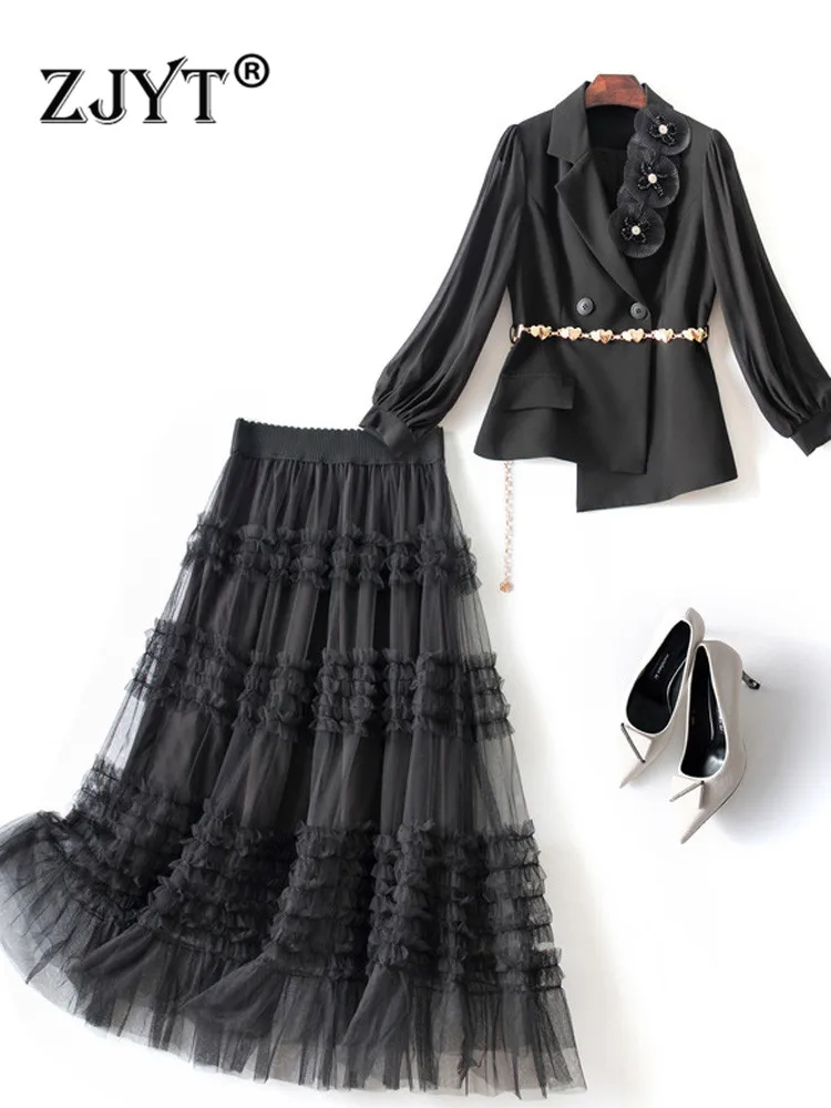 

ZJYT High Quality Women's Blazer Suits with Ruffles Mesh Skirt Two Pieces Womens Outfits Party Office Elegant Beading Dress Sets