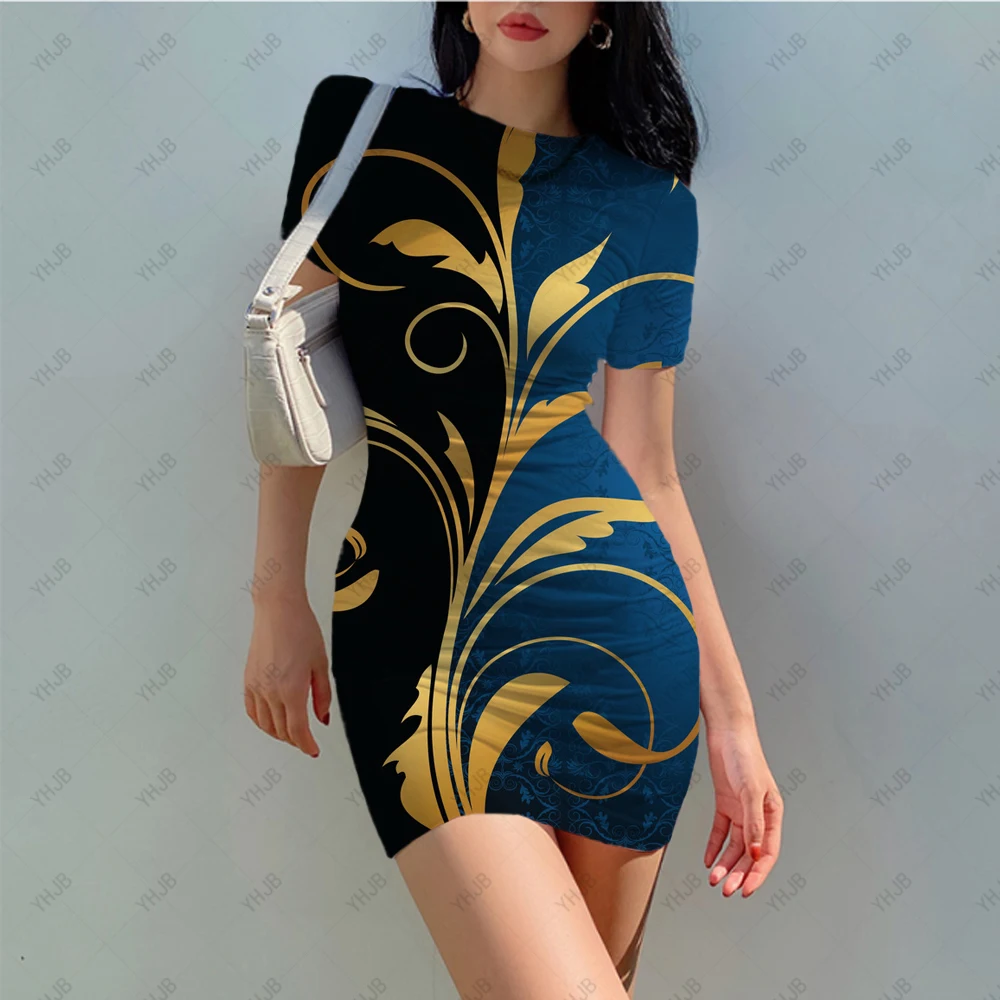 

Summer Women Holiday Floral Leaves Print Bodycon O-neck Retro Mini Dress Female Spaghetti Bohemian Beachwear leaf 3D Print Dress