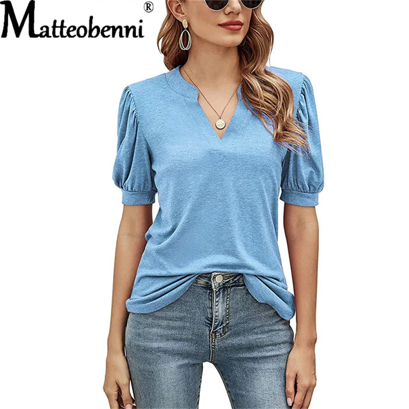 Купи Summer Sexy V-Neck T-Shirt Women Cotton Basic Solid Color Tee Shirt Female Puff Short Sleeve Tops Harajuku Street Tshirt Ladies за 629 рублей в магазине AliExpress