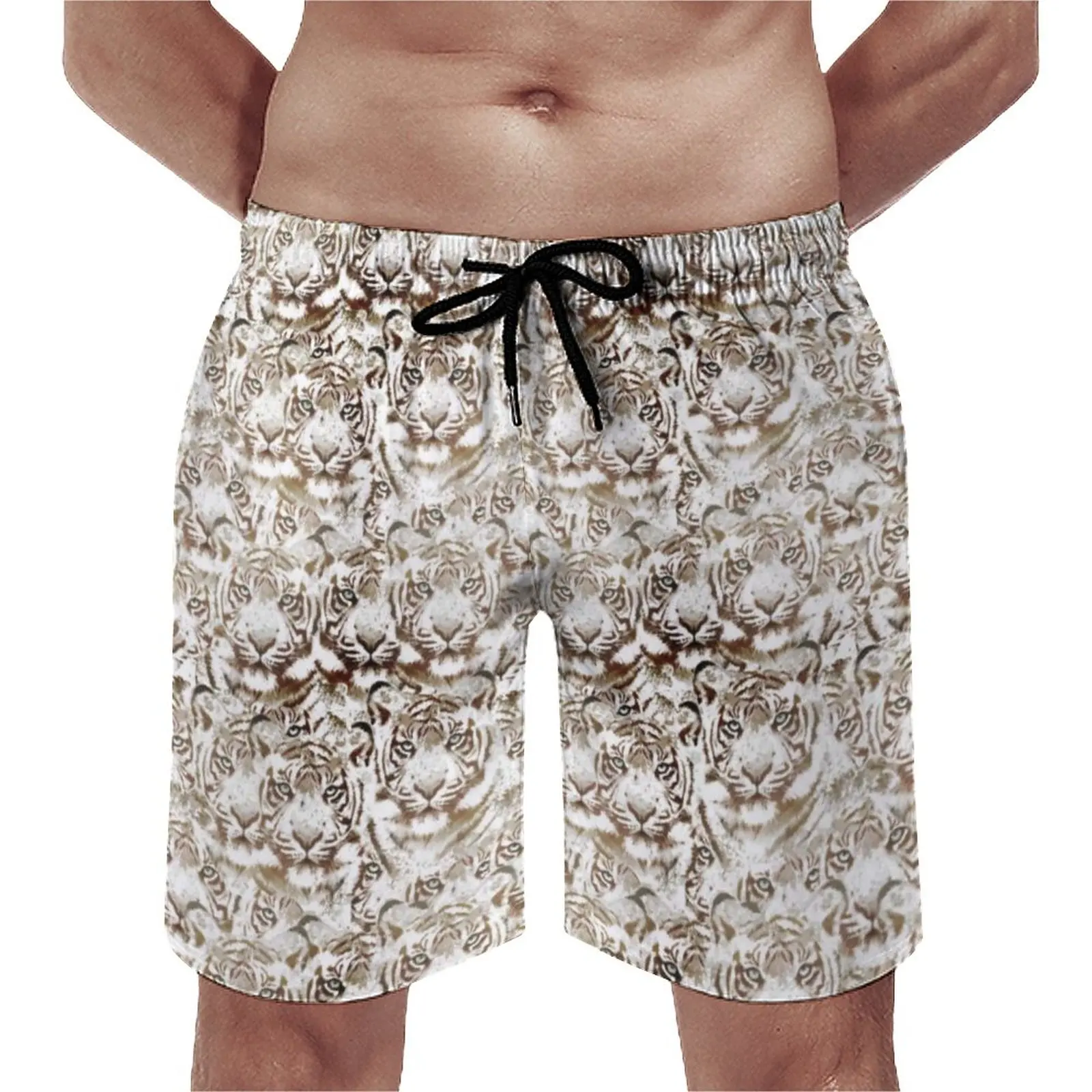 

Tiger Face Design Board Shorts White and Brown Animal Print Retro Board Short Pants Male Design Sports Surf Swimming Trunks Gift