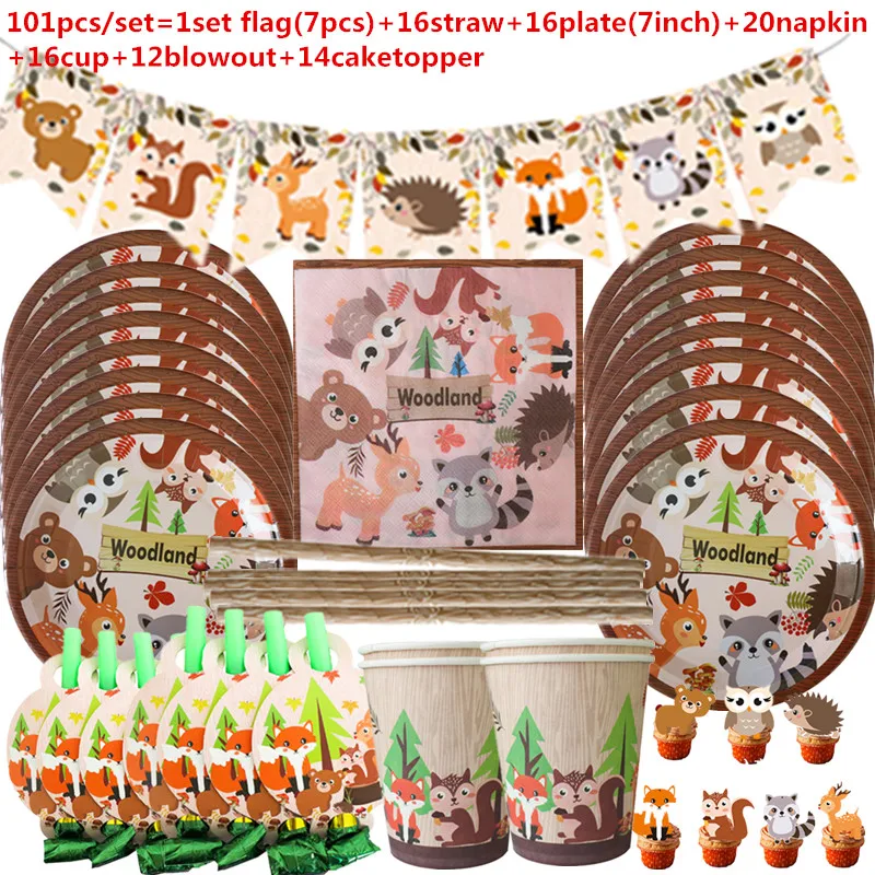 

Woodland Forest Birthday Party Decor Animal Fox Raccoon Hedgehog Boys Disposable Tableware Set Cake Topper Plate Cup Supplie
