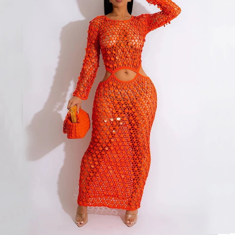 

BKLD блестящее Модное Длинное платье с блестками, женское сексуальное прозрачное вязаное лоскутное пляжное платье с длинным рукавом