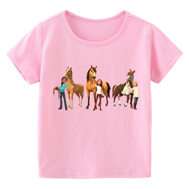 2022 розовая футболка для девочек Lucky &amp Mustang Spirit Horse из 100% хлопка с мультяшным