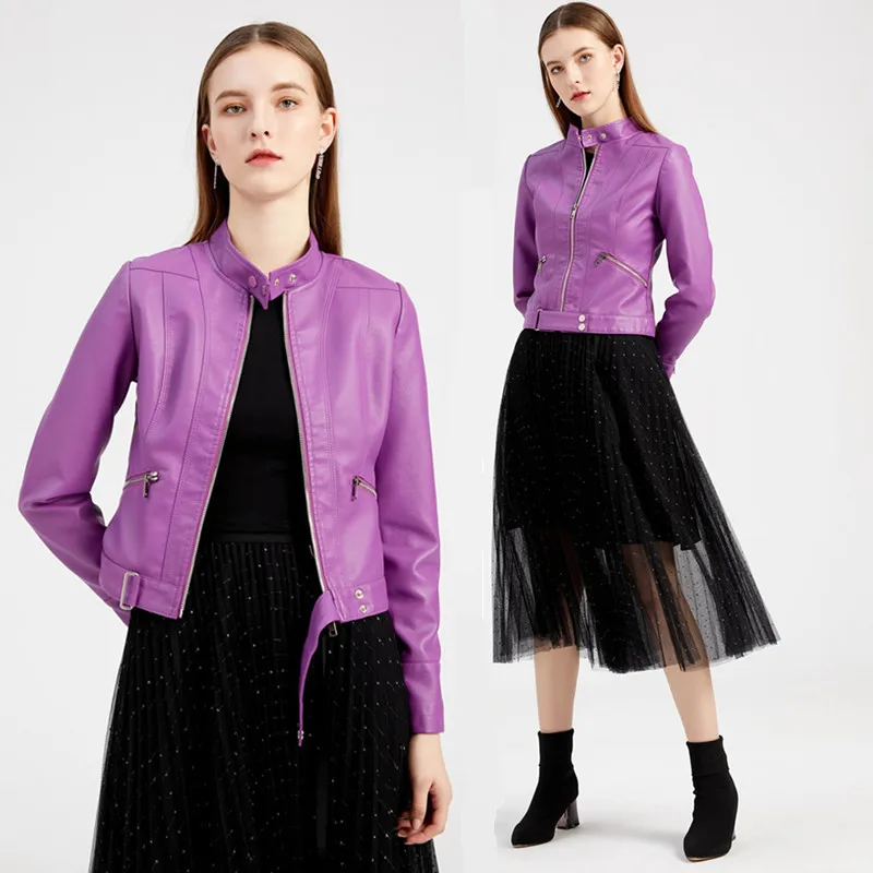 

New Women Spring Autumn Faux Leather Jackets Zipper Basic Coat Turn-down Collar Motor Biker Jacket With Belt Motorcycle Jacket