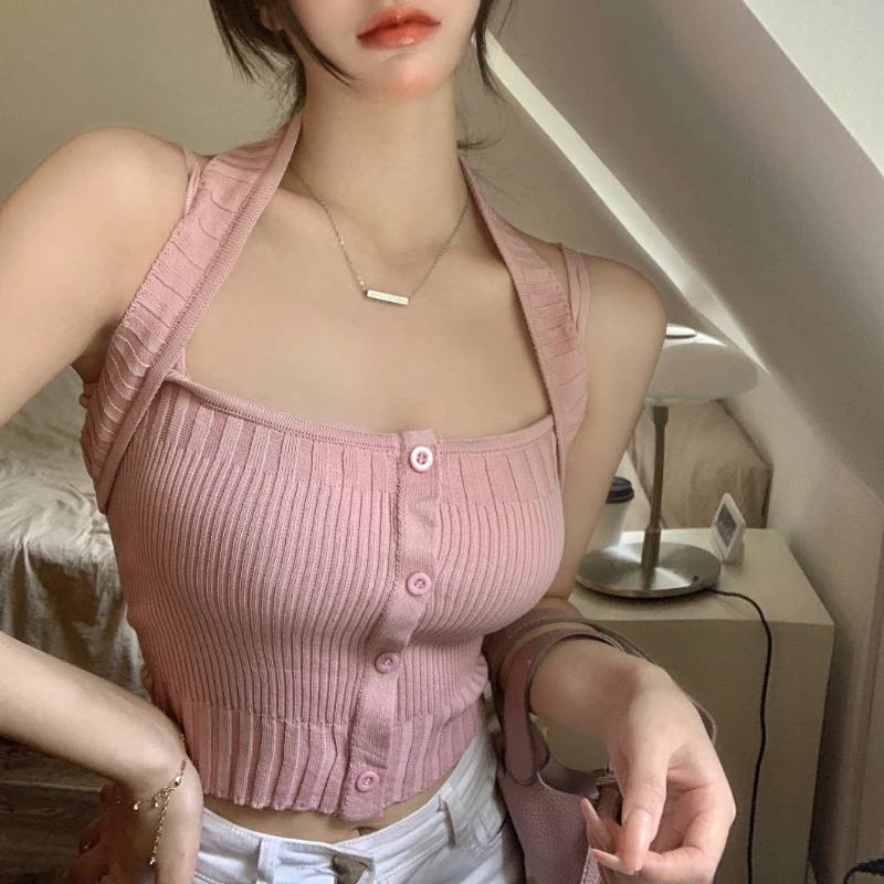 

Sweet Babes Knitted Halter Neck Short Camisole Vest Women's Summer White Pure Desire Bottoming Shirt Inside and Outside Wear