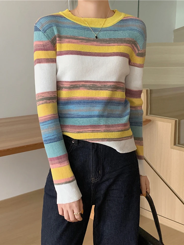 

JMPRS Fashion Rainbow Stripes Women Sweater O Neck Casual Slim Elastic Jumper Fall Korean Knitted Long Sleeve Female Tops