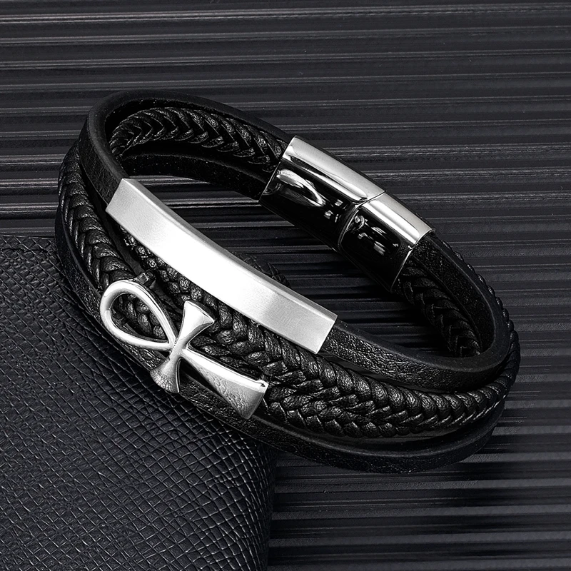 MKENDN модный браслет из нержавеющей стали с подвесками Магнитные черные мужские старинные египетские кресты тканые многослойные кожаные браслеты панк рок ювелирные изделия