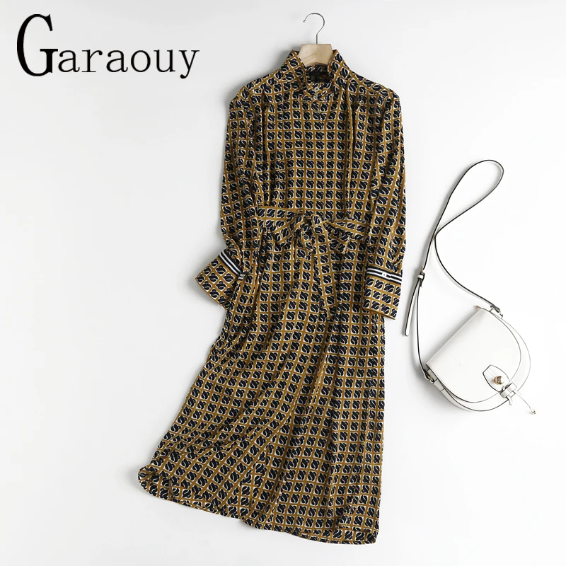 

Garaouy 2022 Fashion Women Print High Quality Midi Dress With Slash Long Sleeve Stand Collar Lady Work Shirt Dresses Robe Mujer