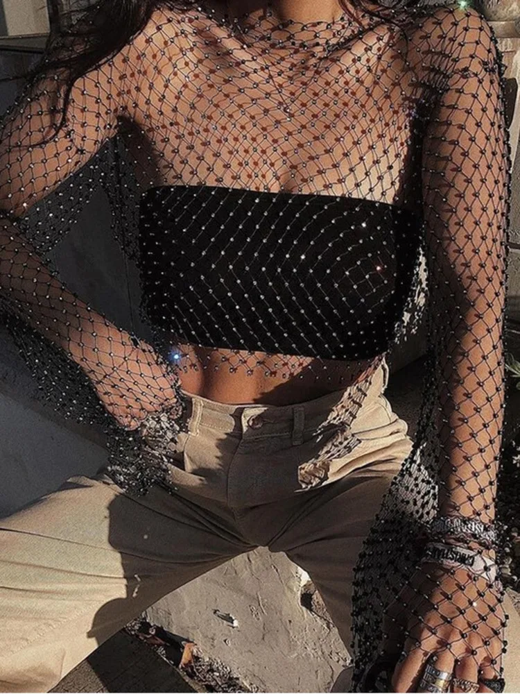 

Женская Прозрачная Футболка с круглым вырезом, длинным рукавом-фонариком и вырезами, короткий топ в готическом стиле, Y2k, лето 2023