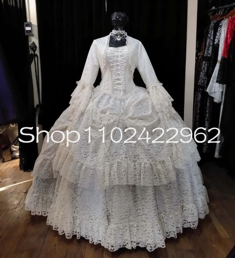 

White Vintage Victorian Bustle Ball Gown Prom Dresses with Long Sleeve Jacket Full Lace Corset Halloween Evening Dress