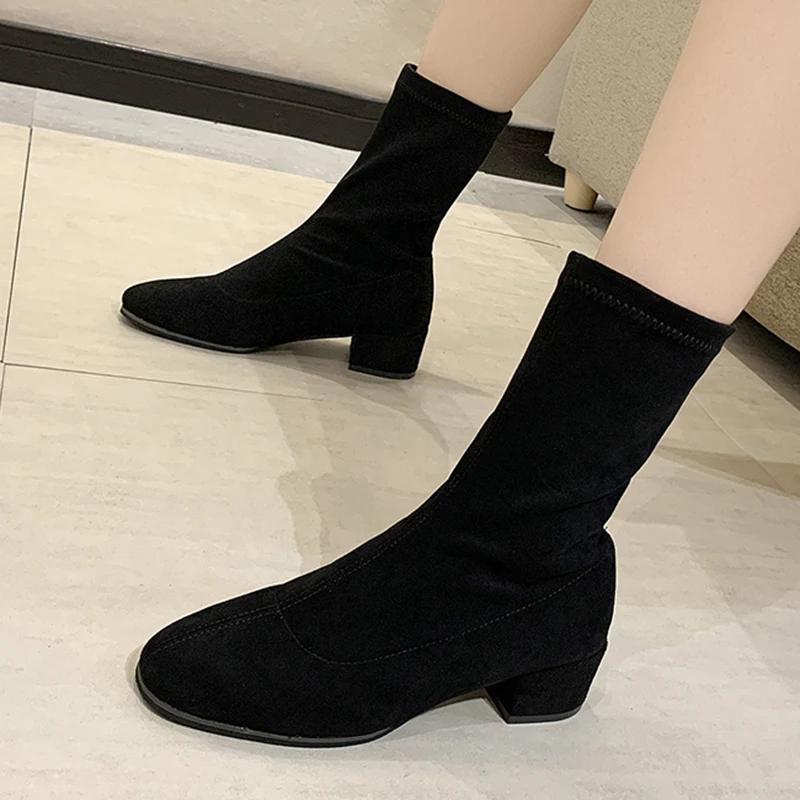 

Med Heels Black Ankle Boots Women 2022 Spring Autumn Pu Leather Pointed Toe Short Boots Woman Thick Heeled Pumps Women's Shoes