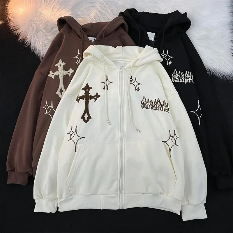 

Men's Hip Hop Streetwear Cross Flame Embroidery Hoodies Vintage Cardigan Casual Loose Long Sleeve Zip Up Sweatshirt Couple Tops