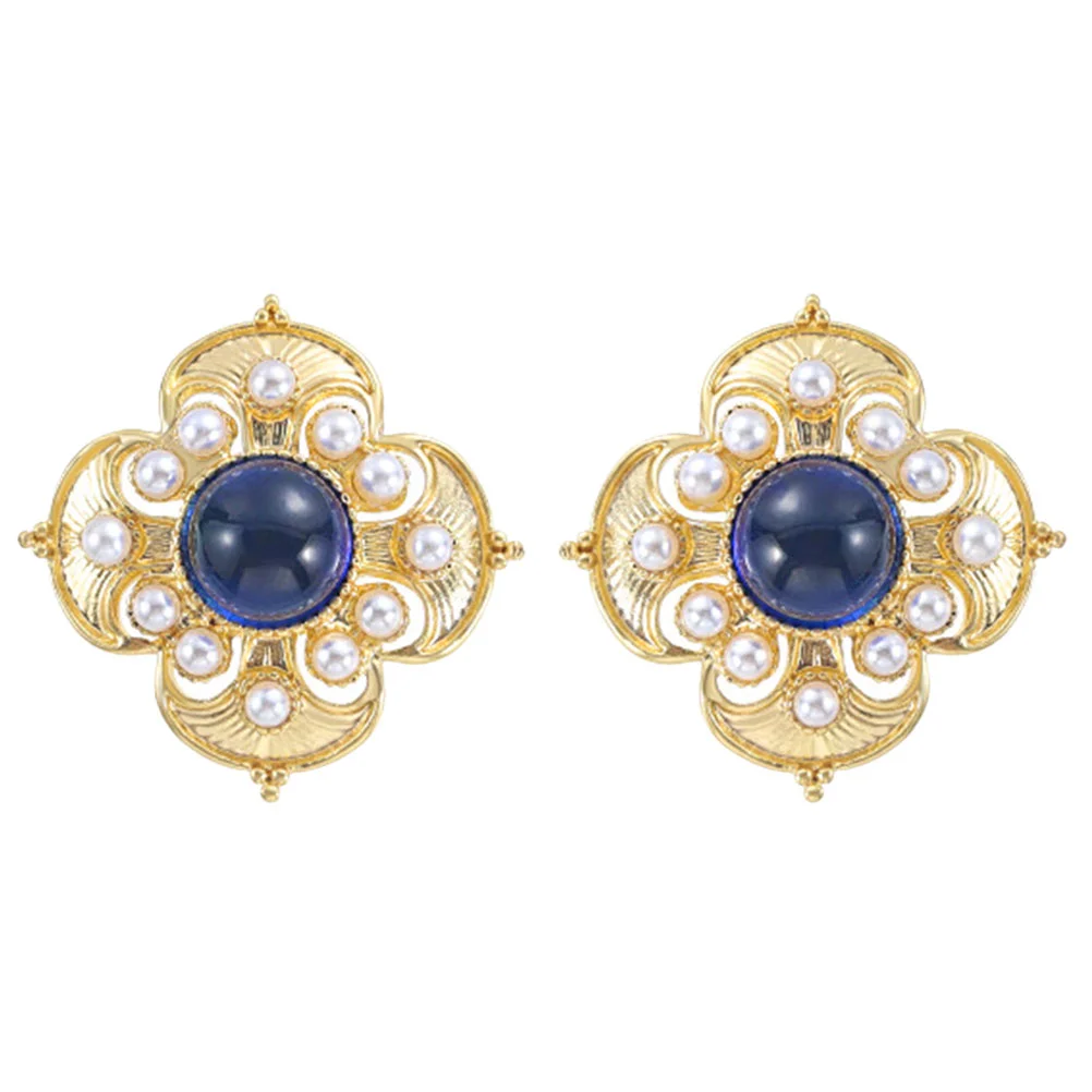 

Gemstone Retro Earrings Women Lapis Lazuli Small Vintage Studs Court Style Lady Miss