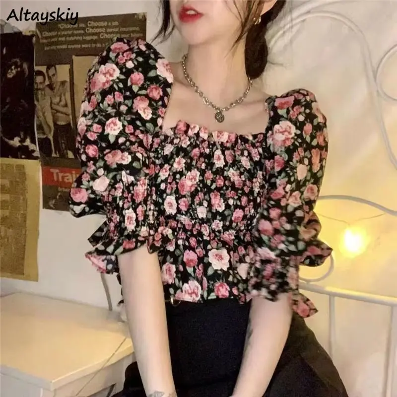 

Blouses Woman Casual Elegant Chiffon Trendy Puff Sleeve Floral Printed Ruffles Simple Lady Crop Top Korean Style Sweet All-match
