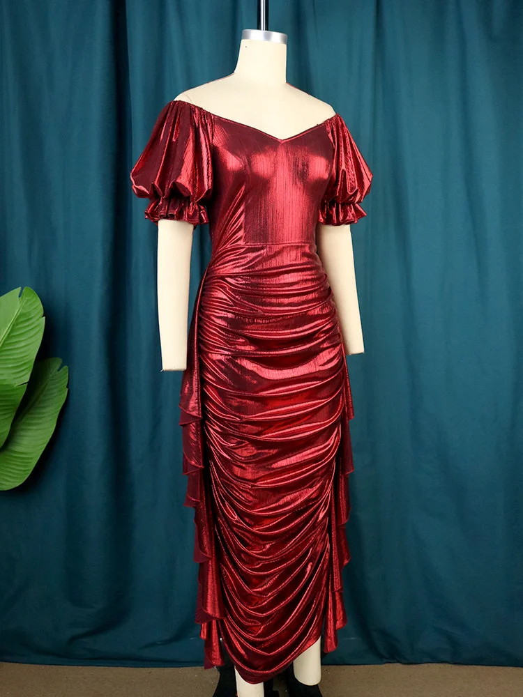 Plus Size Women's Dresses Sexy Shiny V-neck Party Dress 2022 Lustrous Ruffle Puffed Sleeves Elegant Dress Lady Evening Dress