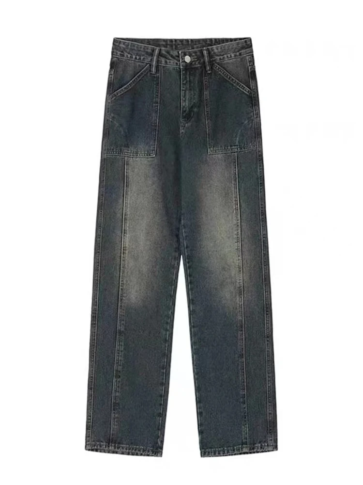 American stitching contrast color patchwork blue water washing y2k meen jeans loose personality casual pants street clothing