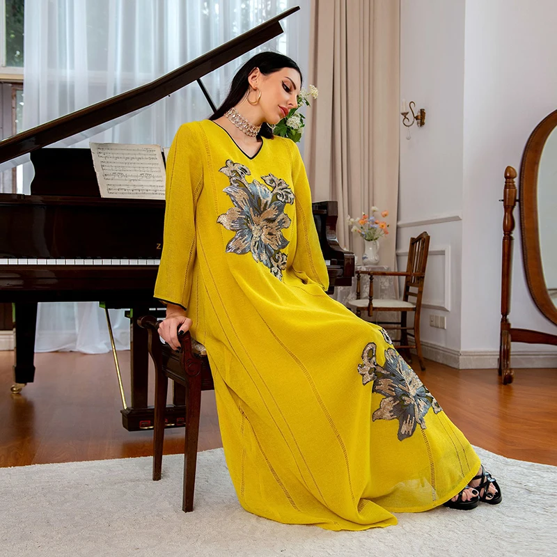 Embroidery Dubai Turkey Muslim Dress Eid Yellow Abayas For Women 2022 Mesh Long Sleeve Ramadan Fashion Robe Islam Moroccan Abaya
