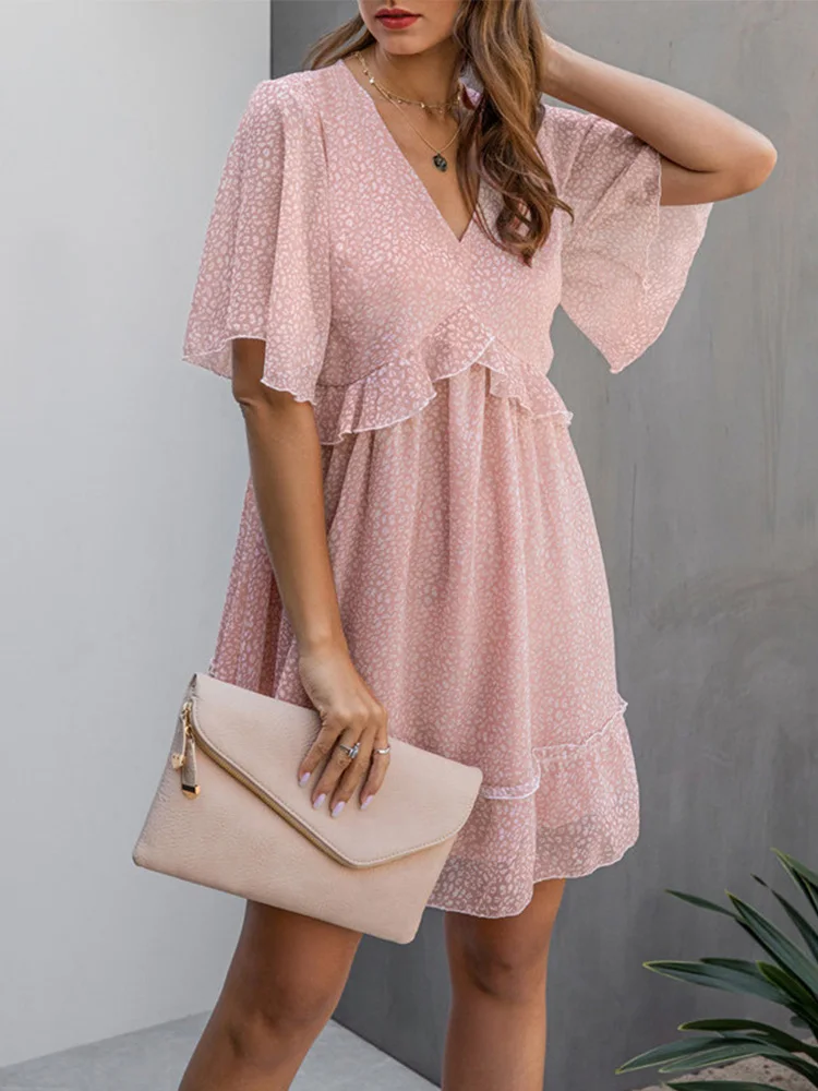 

Printed Short Sleeve V Neck Ruffles Casual Mini Summer Dress Women