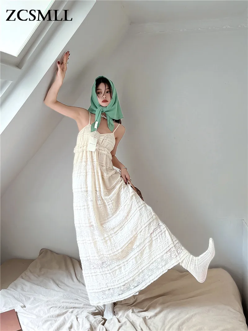 

ZCSMLL White Lace Long Maxi Dress For Women Summer 2022 Backless A Line Slip Dress Holiday Beach Outfits For Women