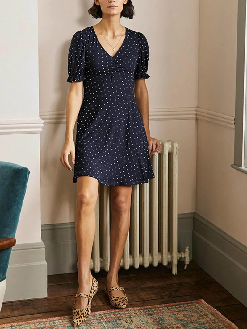 

2022 New Women's Polka Dot Print Mini Dress Elegant Ladies Puff Sleeve Slim Waist A-Line Short Robe Elegant