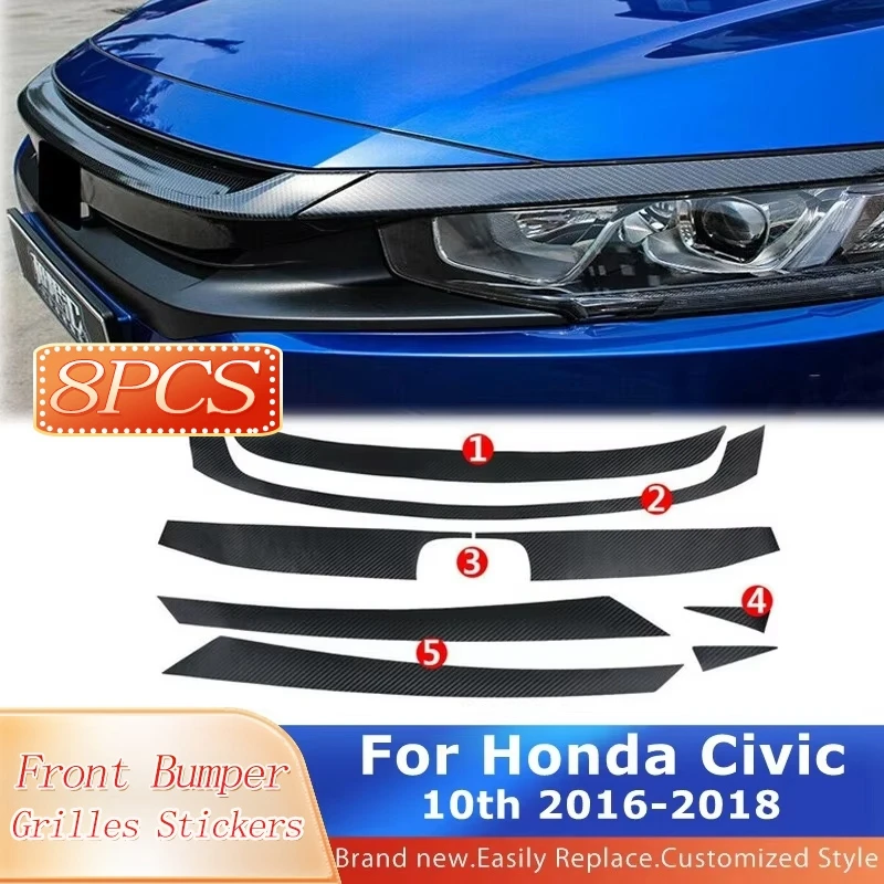 

8 шт./компл. решетки переднего бампера автомобиля, наклейки для Honda Civic 10th 2016-2018, текстура из углеродного волокна, декоративная наклейка, отделка