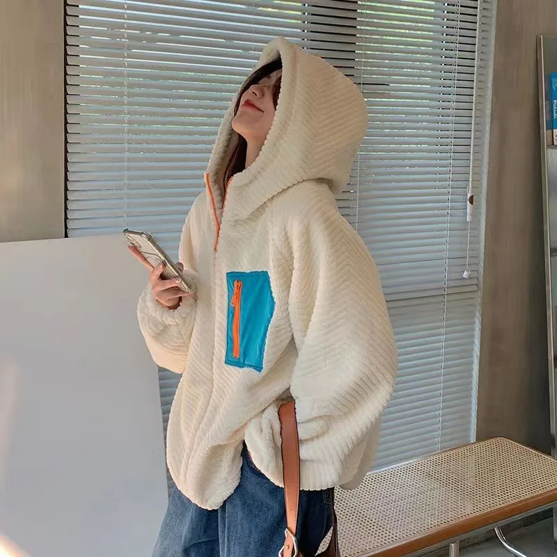 Lamb Wool Fur Jacket Hooded Plush Grain Fashion Streetwear Vintage Zipper Patchwork Jacket Hooded Thick Coat Korean Style Ins