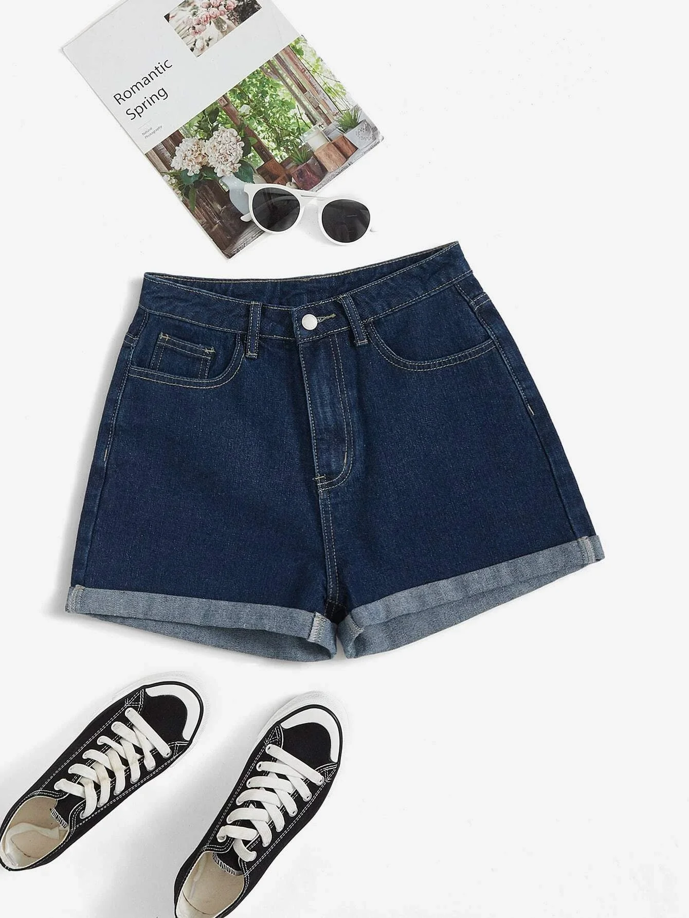 

High Waist Roll Hem Denim Shorts
