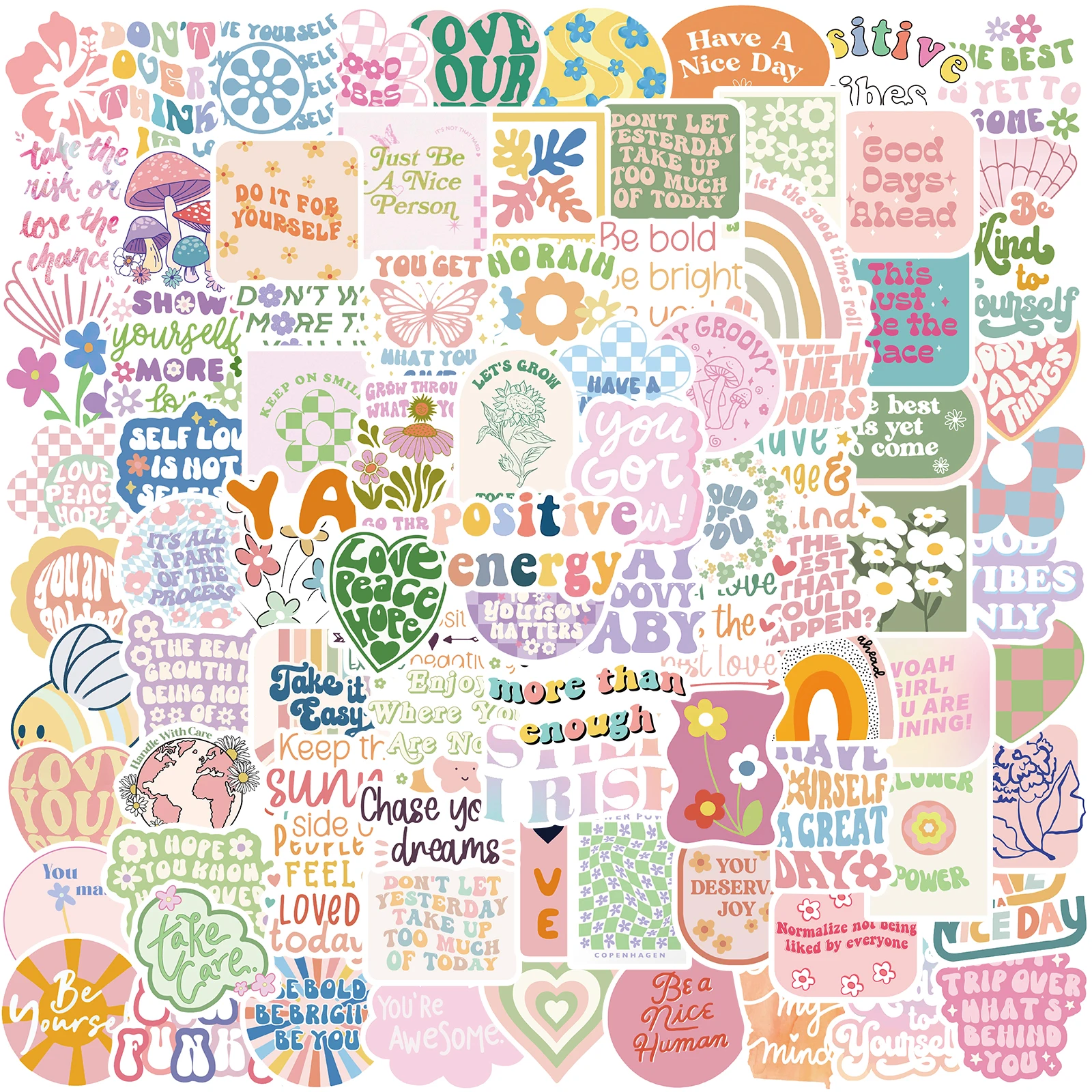 

10/50/100pcs Cute Cartoon Danish Pastel Inspiring Phrases Vinyl Stickers Waterproof Graffiti For Luggage Guitar Laptop Decals