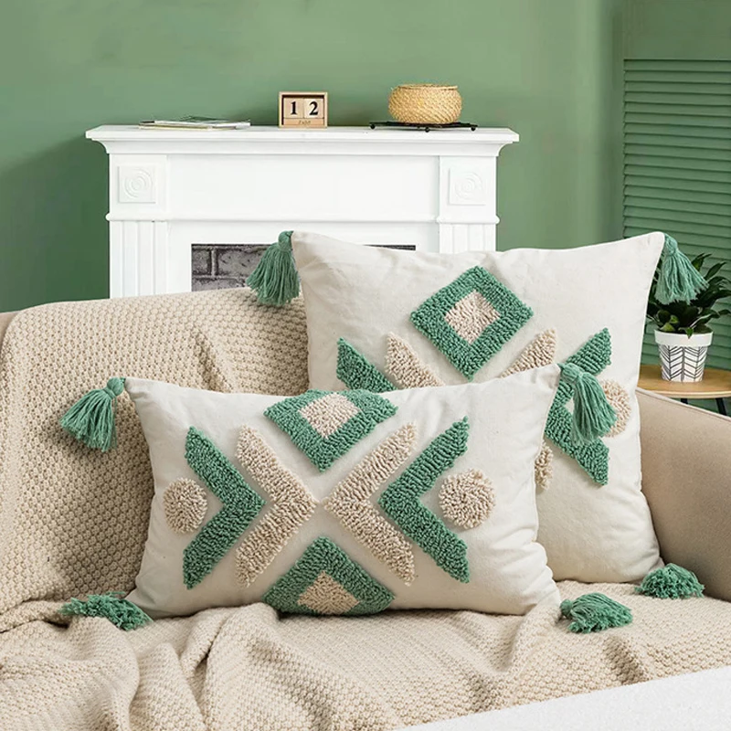 

Tufted Geometric Pillow Cover Green Brown Ivory Boho Style Tassels 45x45cm 30x50cm Home Decoration Cushion Cover Sofa Bed Chair