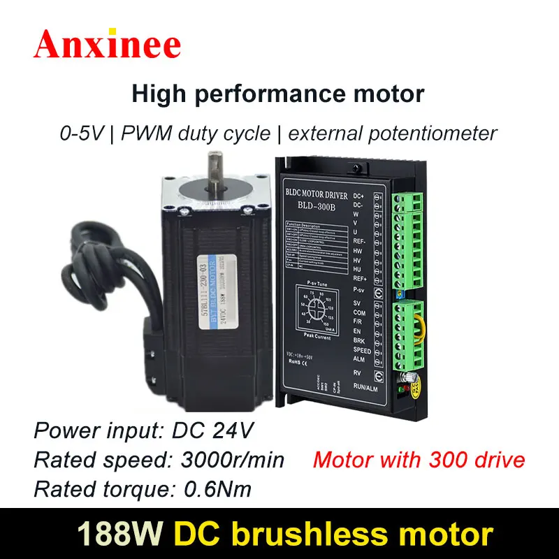 

High Performance 24V 188W DC Three Phase Brushless Hall Motor 3000rpm With BLD-300B Drive Kit
