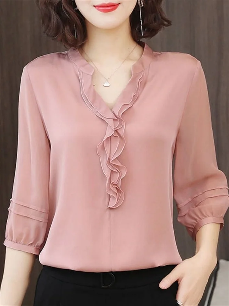 

Office Lady Fashion Chiffon V-neck Ruffles Solid Color Elegant Long Sleeve Spring Autumn Women's Clothing Straight Loose Blouses