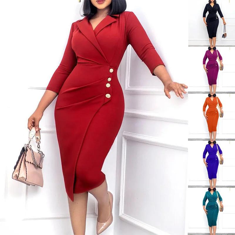 

2022 new women's wear slim professional dress suit collar button dress