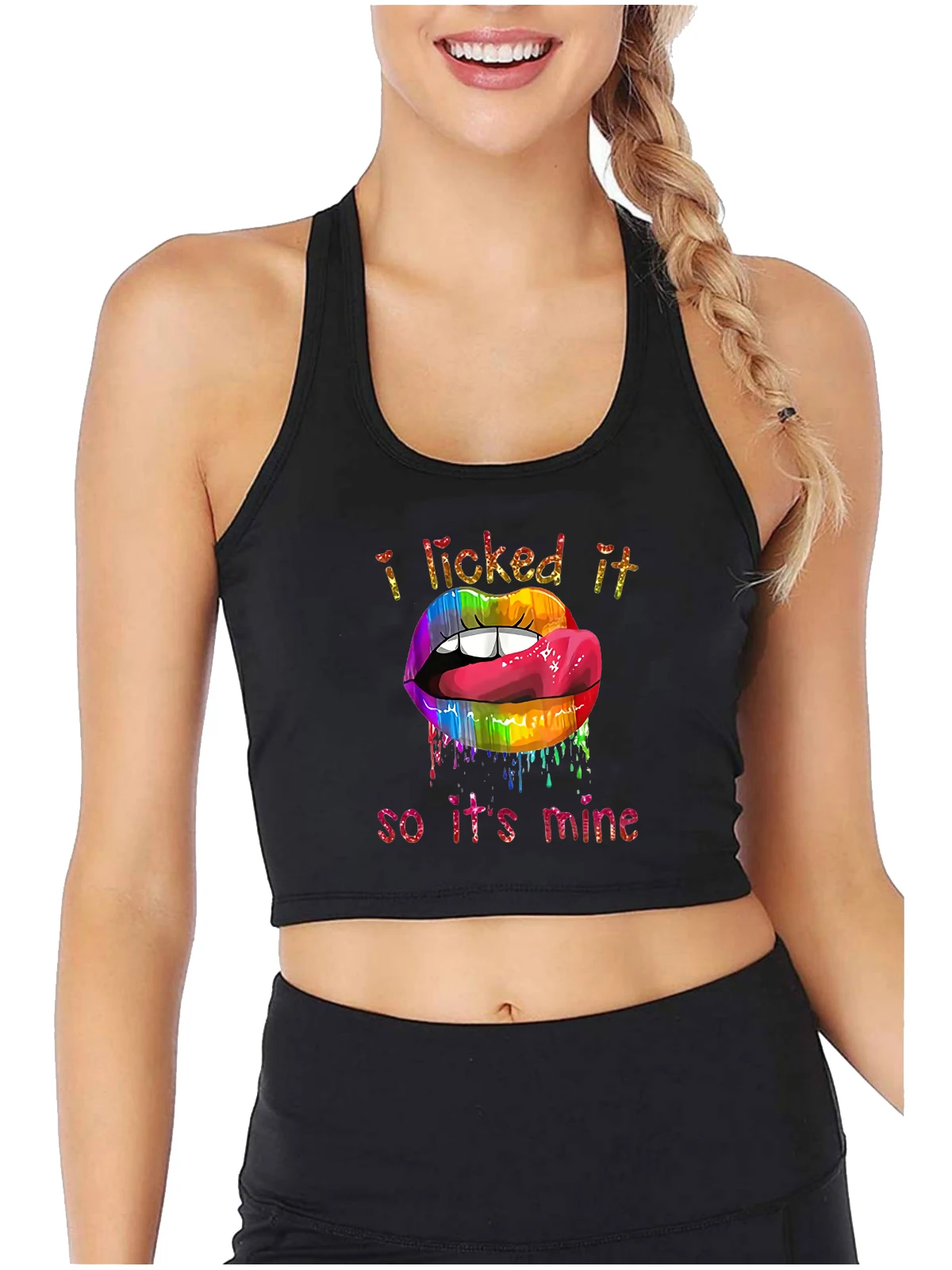 

Rainbow Lips Graphic I Licked It So It's Mine Design Crop Top Adult Humor Fun Flirty Tank Tops Hotwife Naughty Sexy Camisole