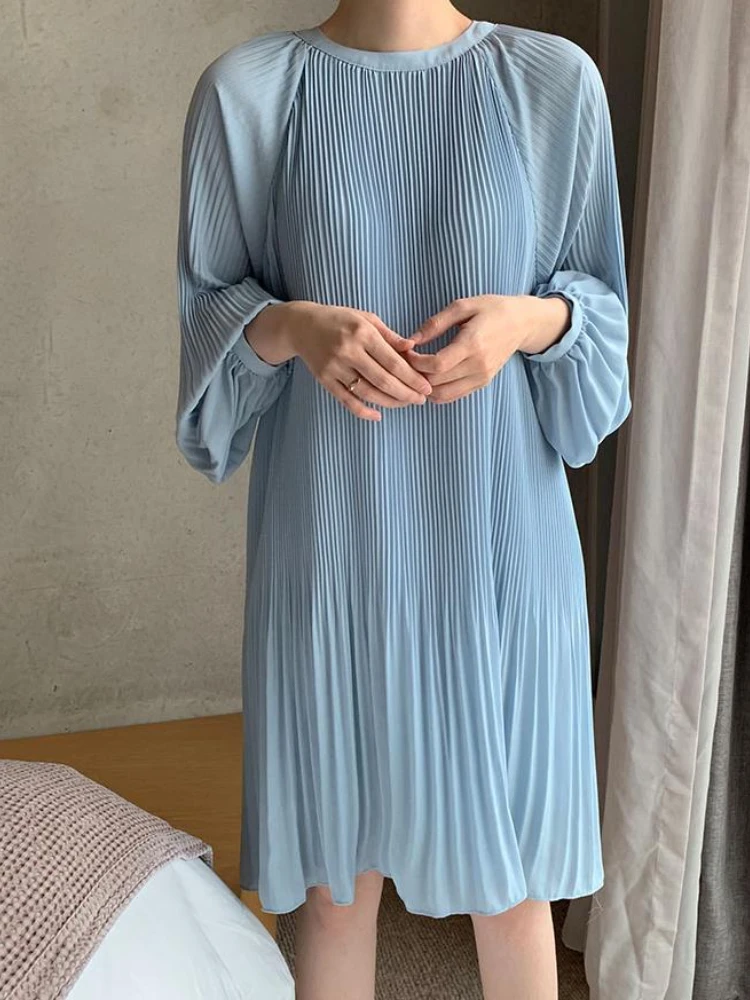 

New in Streetwear Mini Dress for Women 2023 Spring Summer Simplicity Elegant Solid O-Neck Long Sleeved Pleats Chiffon Dresses