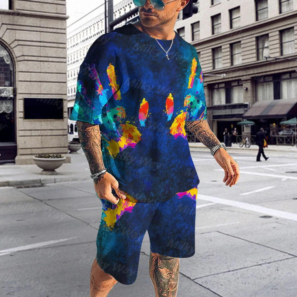 3D Men's Summer Beach T-shirt Suit Sportswear Men's Oversized Clothing Top Shorts Suit Men's Street Casual Two-piece Men