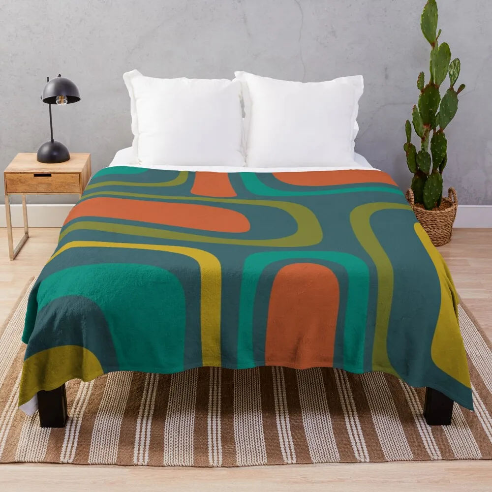 

Palm Springs Retro Midcentury Modern Abstract Pattern in Mid Mod Orange, Olive, Teal, and Mustard Throw Blanket Vintage Blanket