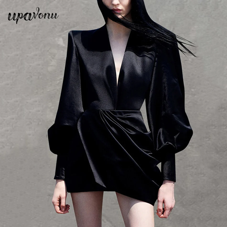 

Женское атласное мини-платье с драпировкой, черное облегающее платье с V-образным вырезом и длинным рукавом-фонариком, для подиума и вечеринки, 2022