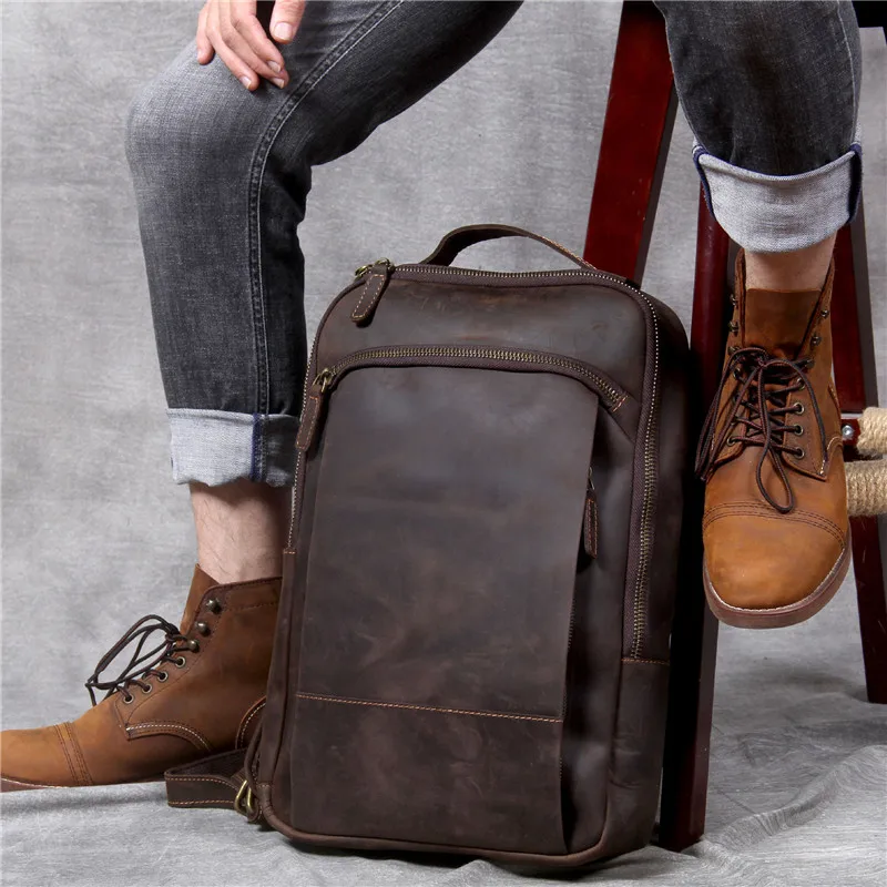 Vintage simple crazy horse cowhide genuine leather men's women's backpack large capacity 15-inch laptop bagpack travel bookbags