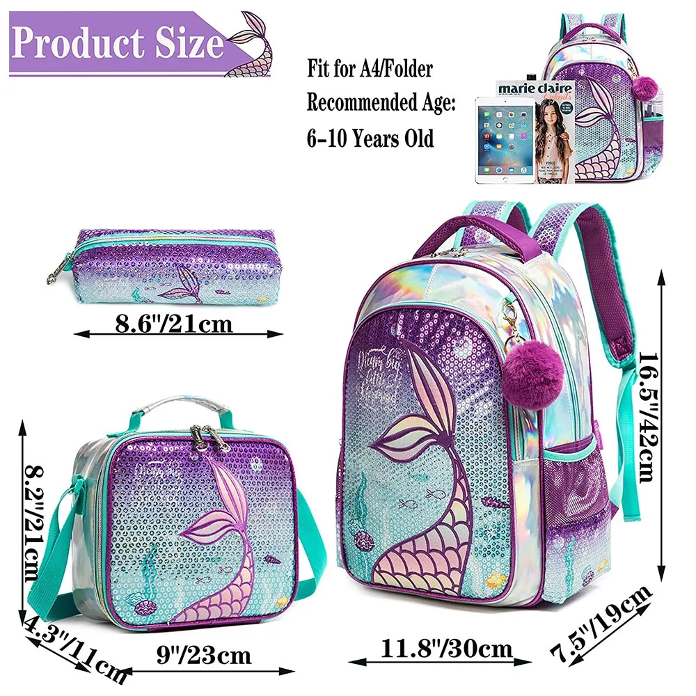 BIKAB School Backpack Girls 16 Inch Girls School Sequin Backpack with Lunch Box Backpack Women Girls School Supplies Set Bags