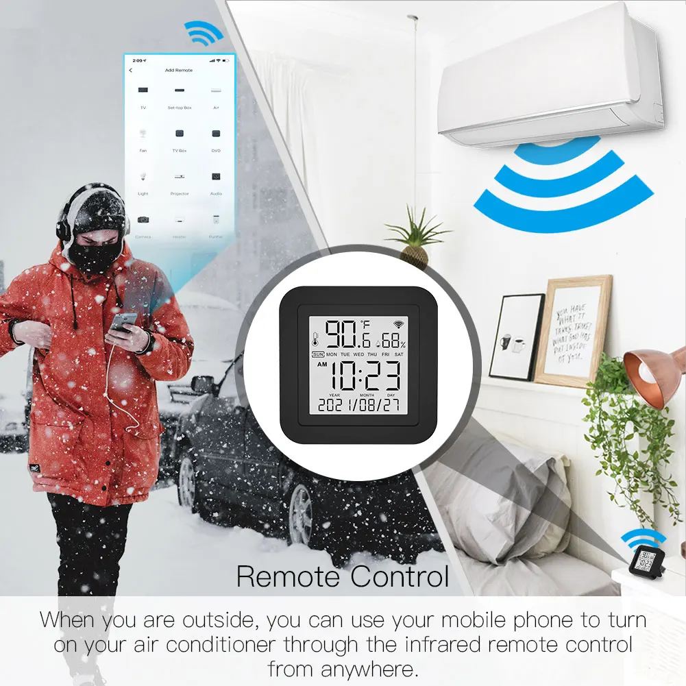 Фото Умный ИК-пульт дистанционного управления Moes Tuya Smart WiFi с датчиком температуры и влажности, управление через приложение для кондиционеров и телевизоров №4